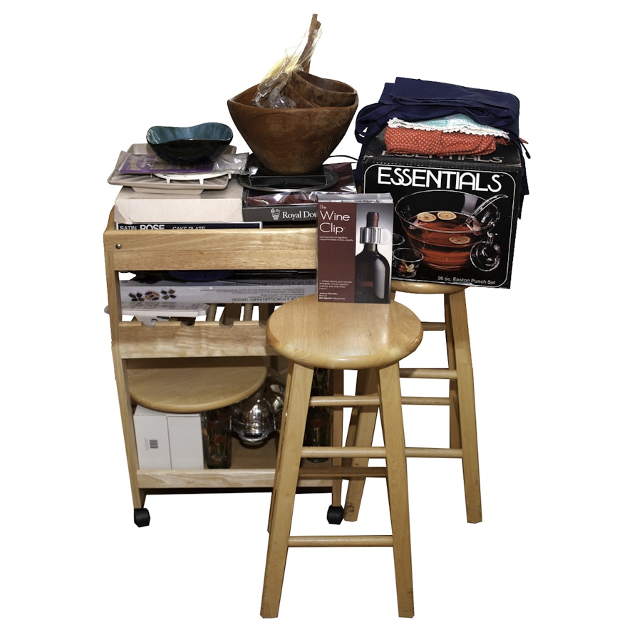 Kitchen Wares Including Serving Cart, Stools, Linens and Decor