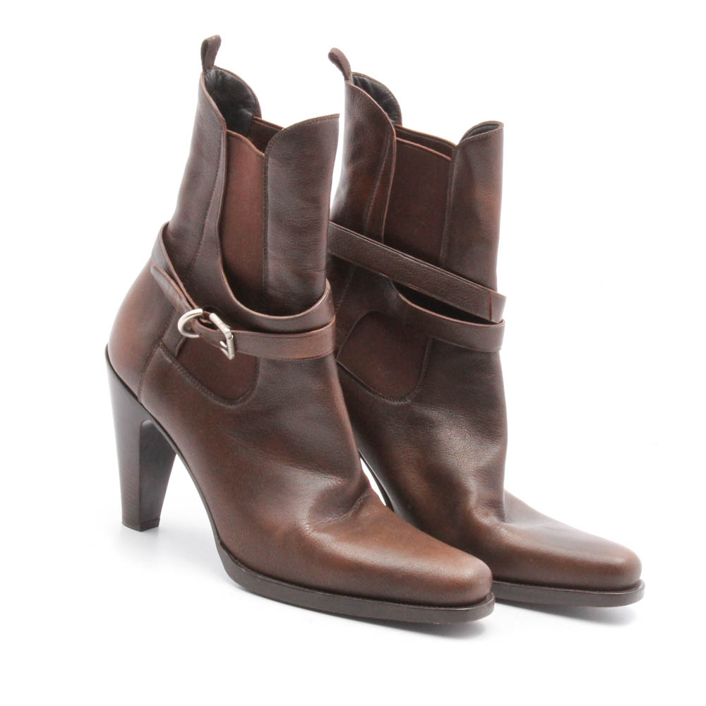 Prada Brown Leather High Heel Boots with Buckled Strap