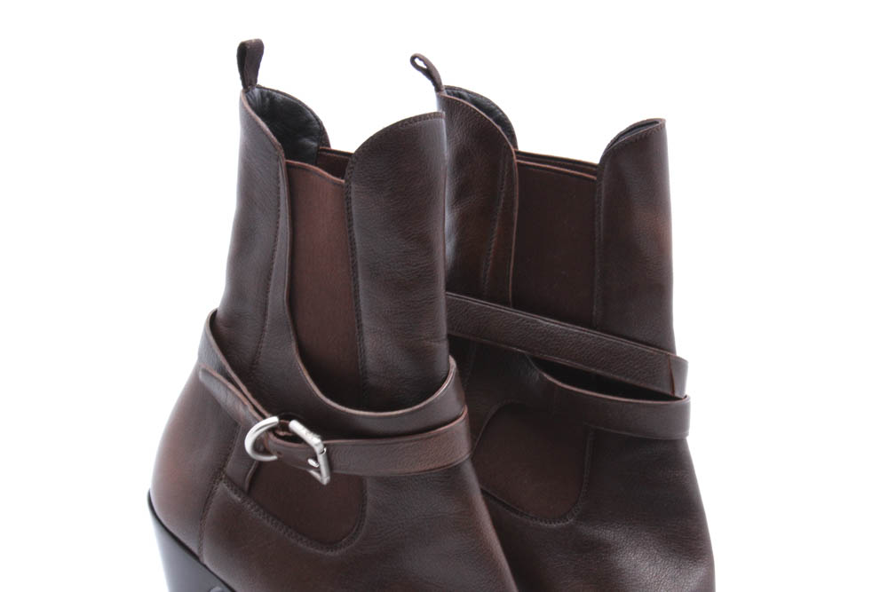 Prada Brown Leather High Heel Boots with Buckled Strap