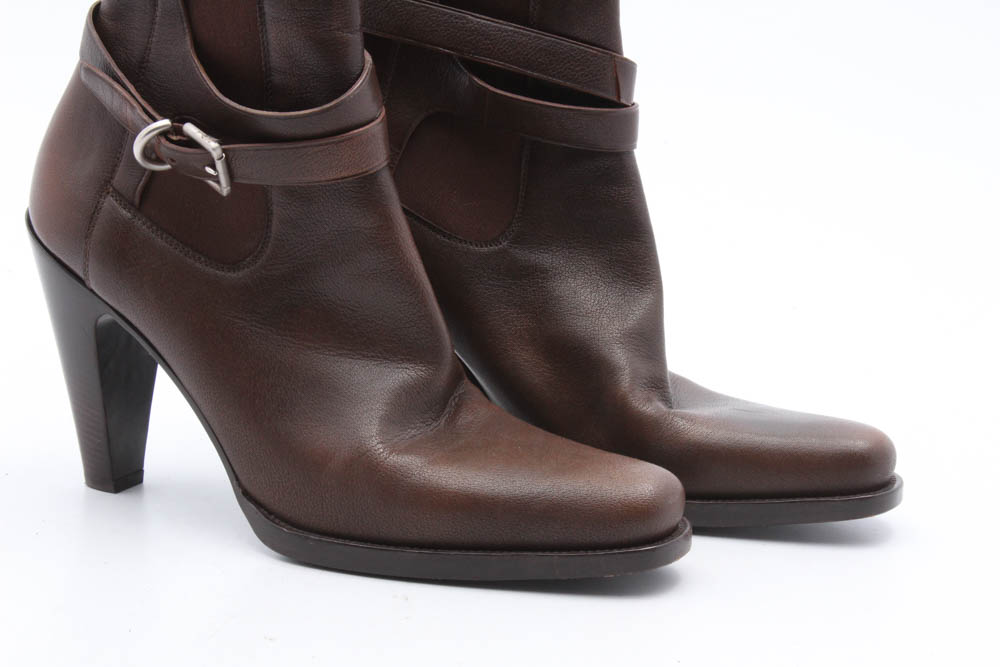 Prada Brown Leather High Heel Boots with Buckled Strap