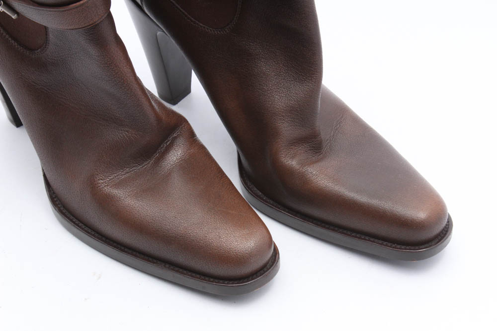 Prada Brown Leather High Heel Boots with Buckled Strap