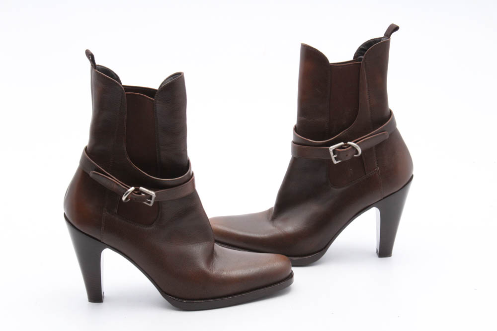 Prada Brown Leather High Heel Boots with Buckled Strap