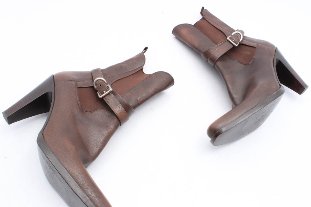 Prada Brown Leather High Heel Boots with Buckled Strap