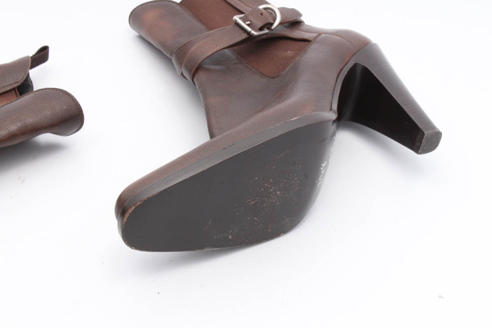 Prada Brown Leather High Heel Boots with Buckled Strap