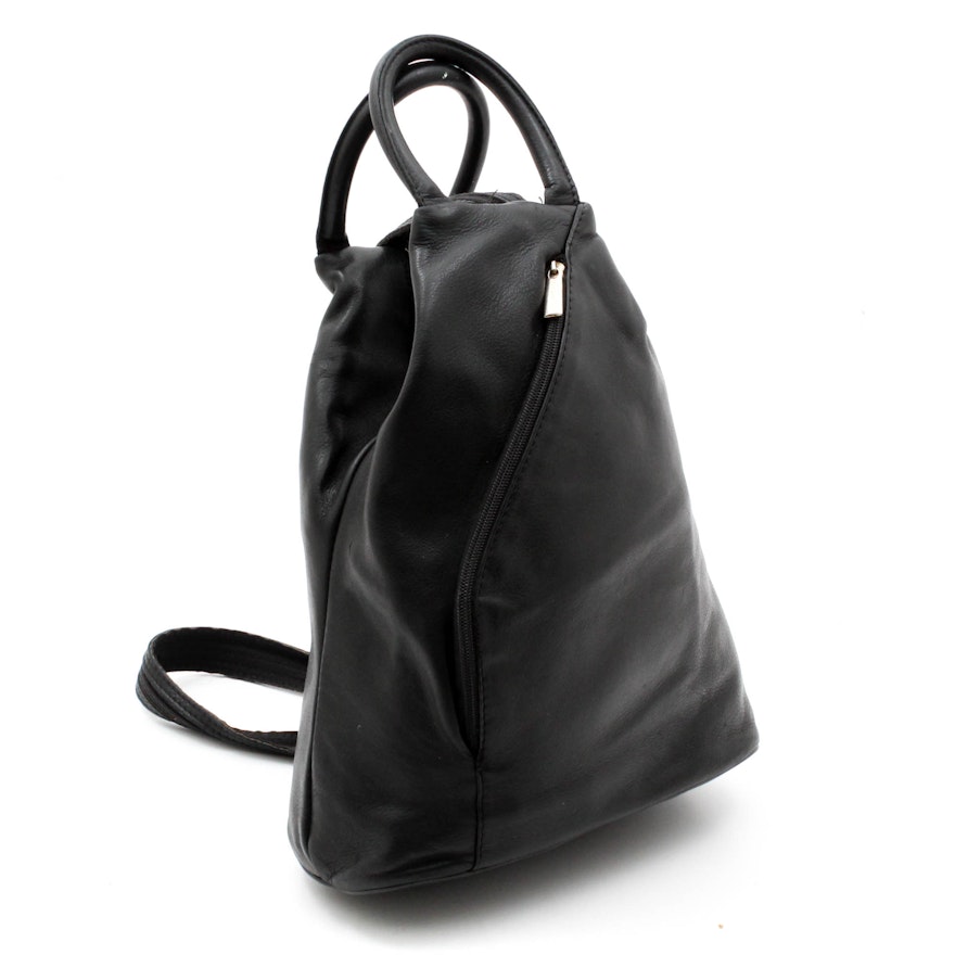 Design of Italy Black Leather Convertible Backpack Handbag