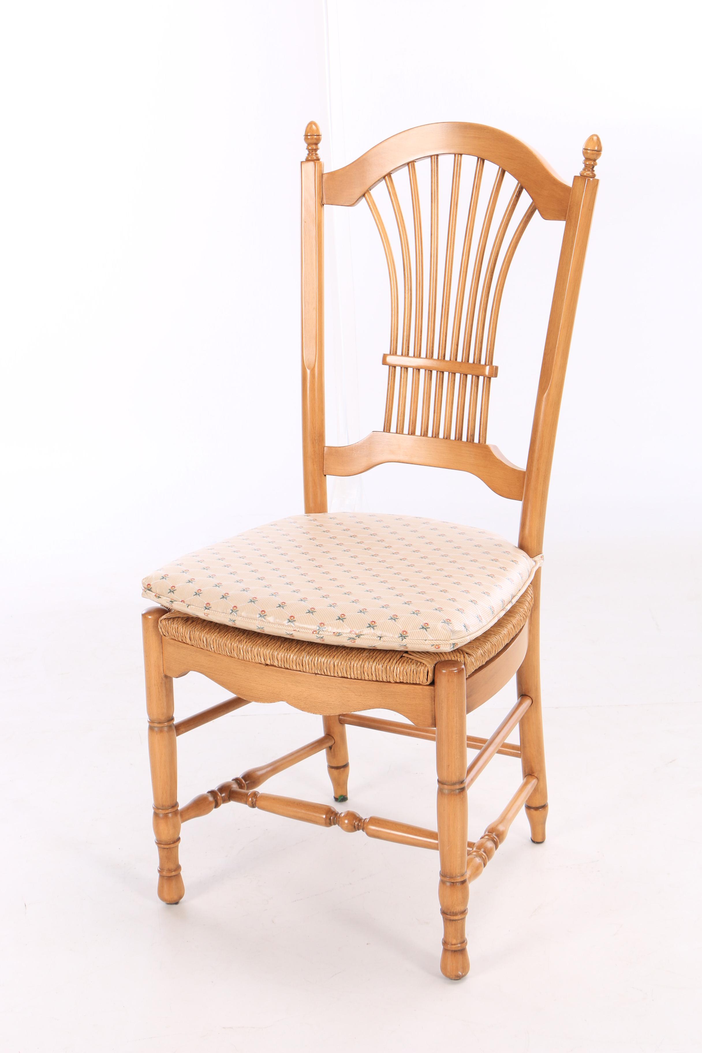 French Provincial Style Maple Wheat Sheaf Back Dining Chairs with Rushed Seats