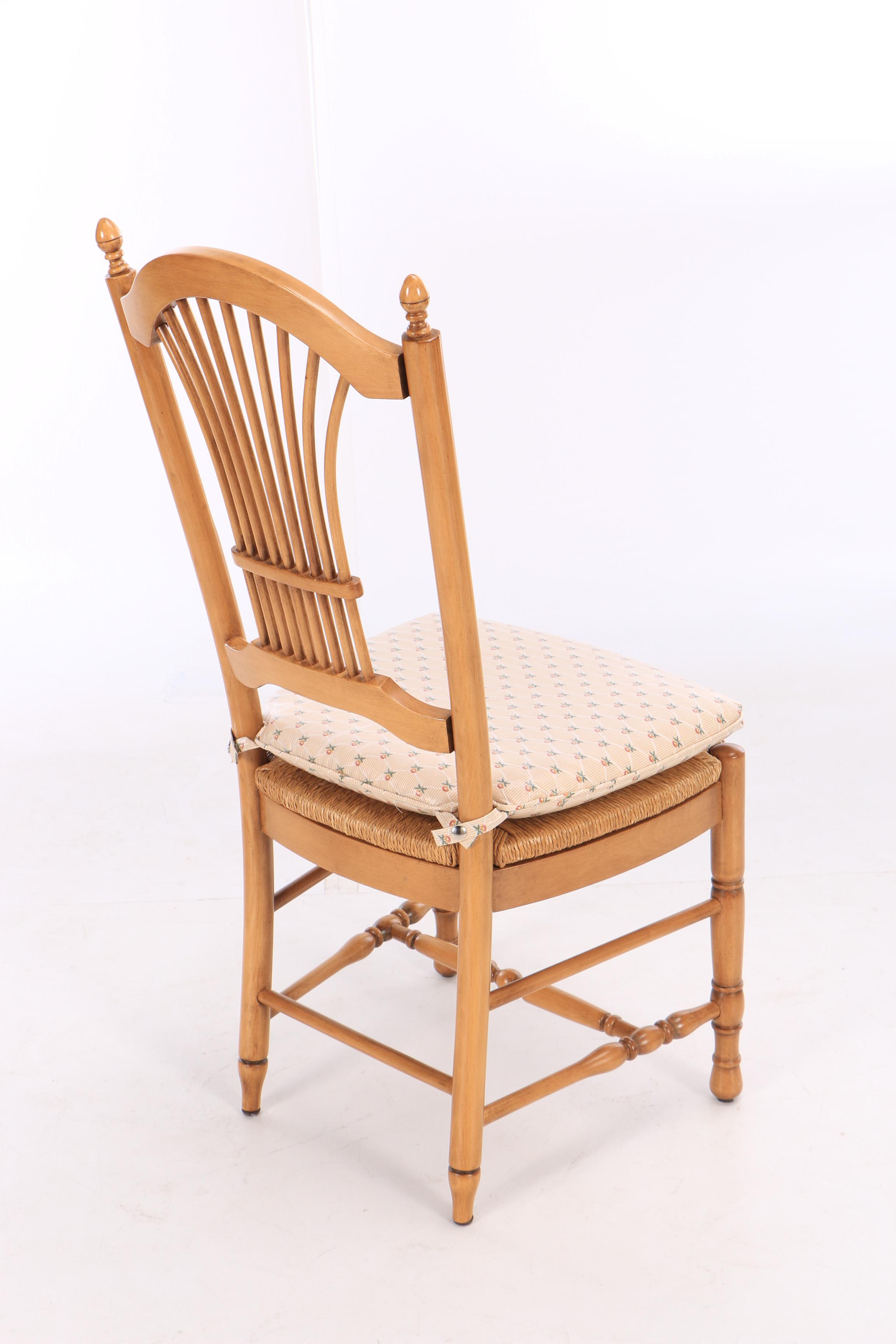 French Provincial Style Maple Wheat Sheaf Back Dining Chairs with Rushed Seats