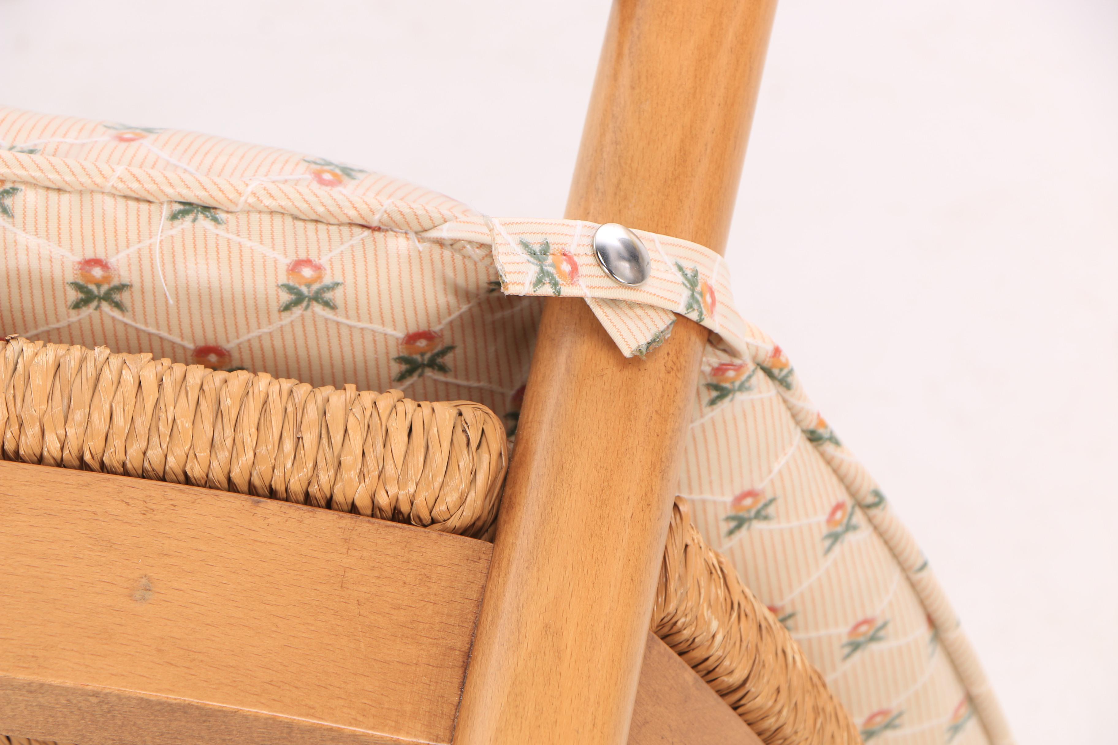 French Provincial Style Maple Wheat Sheaf Back Dining Chairs with Rushed Seats