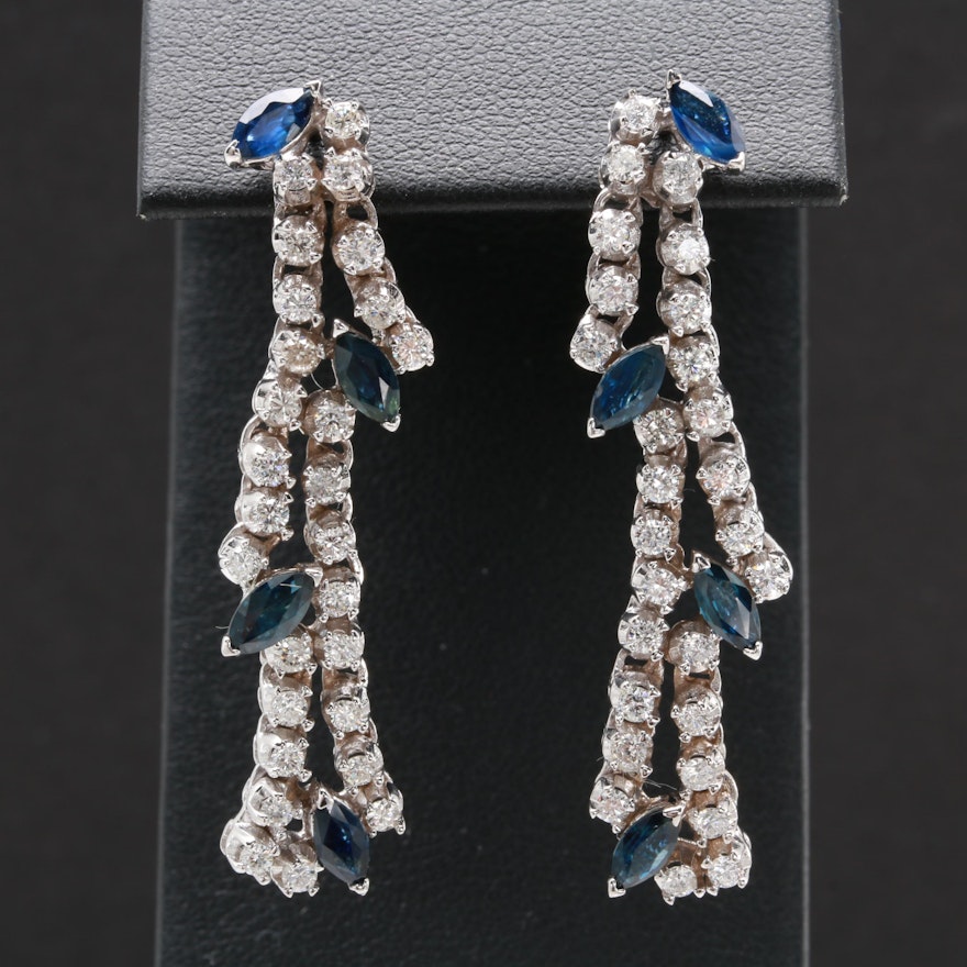 18K White Gold Blue Sapphire and 1.55 CTW Diamond Earrings