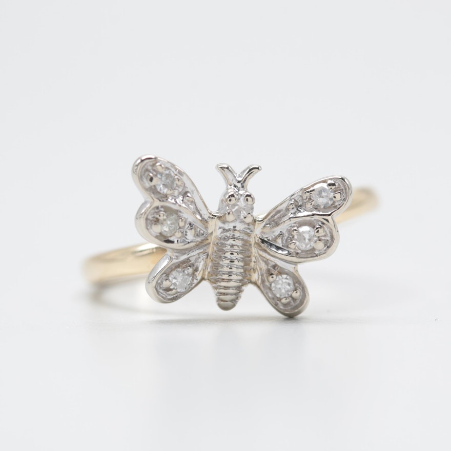 14K Yellow Gold Diamond Ring Butterfly Motif