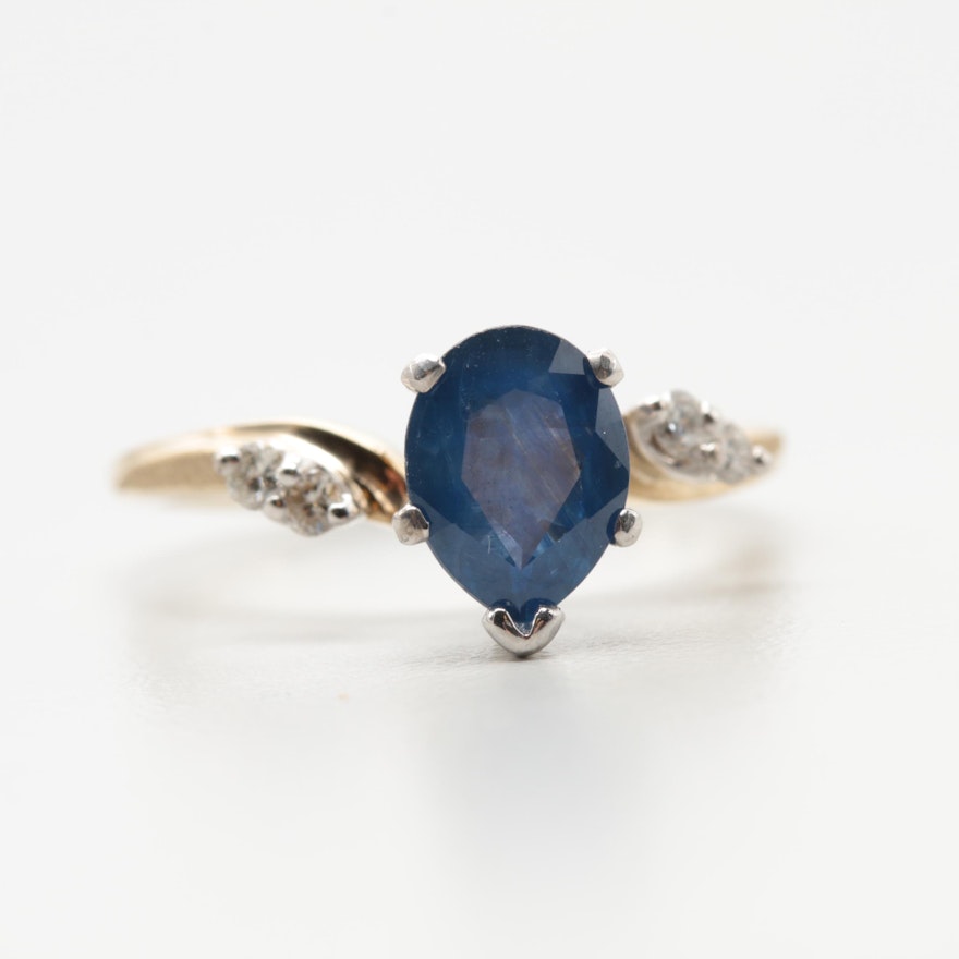 14K Yellow Gold Blue Sapphire and Diamond Ring