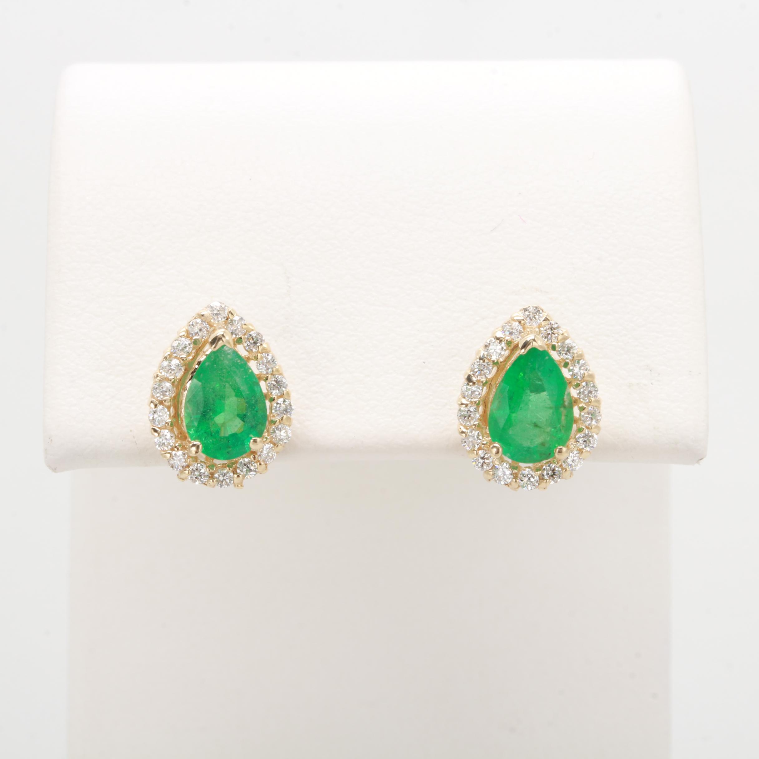 14K Yellow Gold Emerald and Diamond Earrings