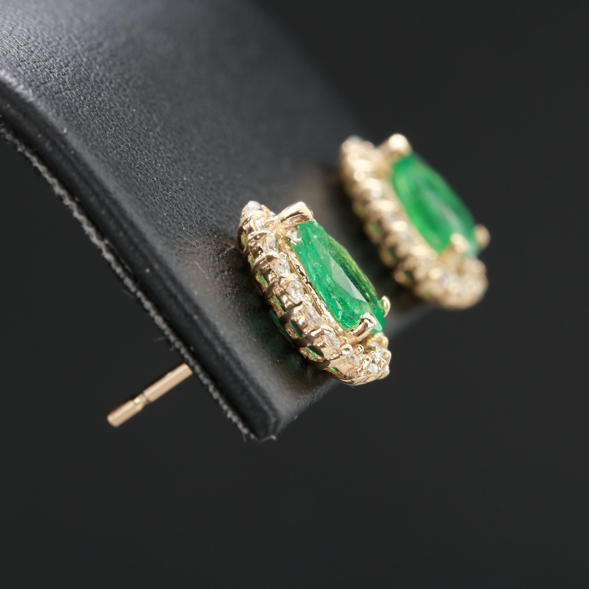 14K Yellow Gold Emerald and Diamond Earrings
