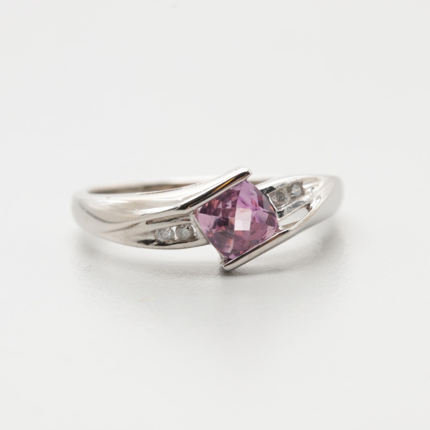 10K White Gold Synthetic Pink Sapphire and Diamond Ring