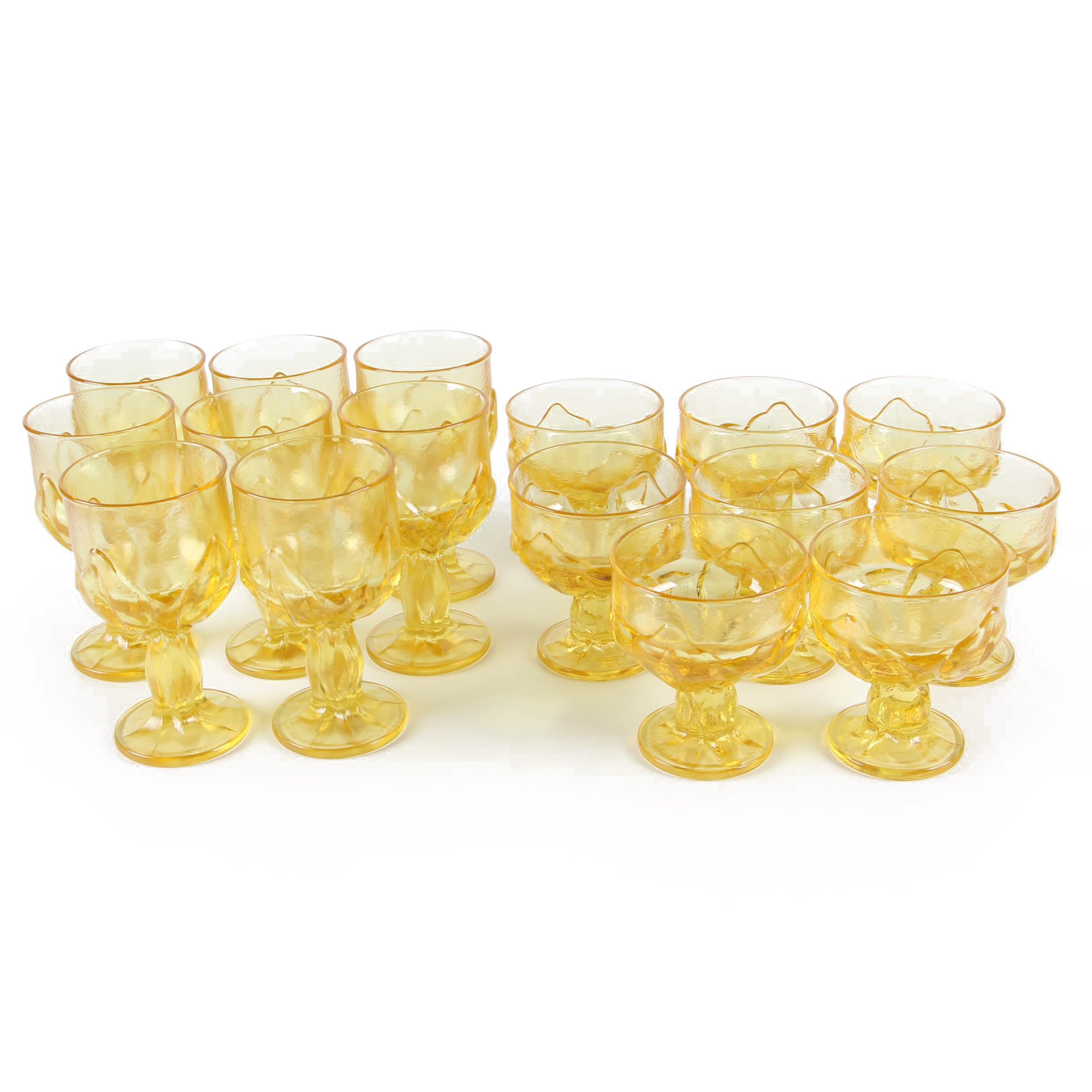 Vintage Amber Glass Goblets with Embossed Leaf Motif