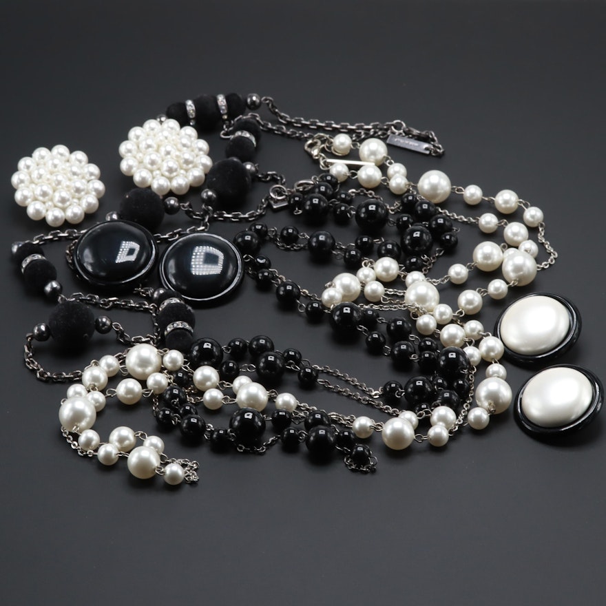 Anne Fontaine Silver Tone Imitation Pearl, Plastic Earrings and Necklaces