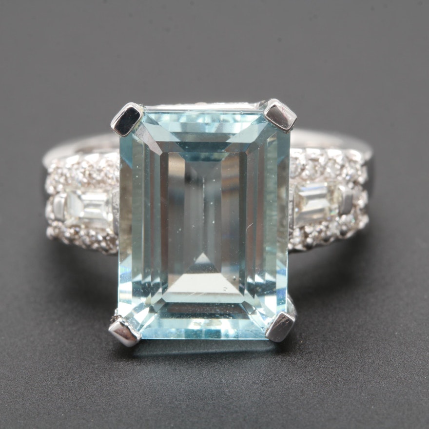 14K White Gold 14.07 CT Aquamarine and Diamond Ring