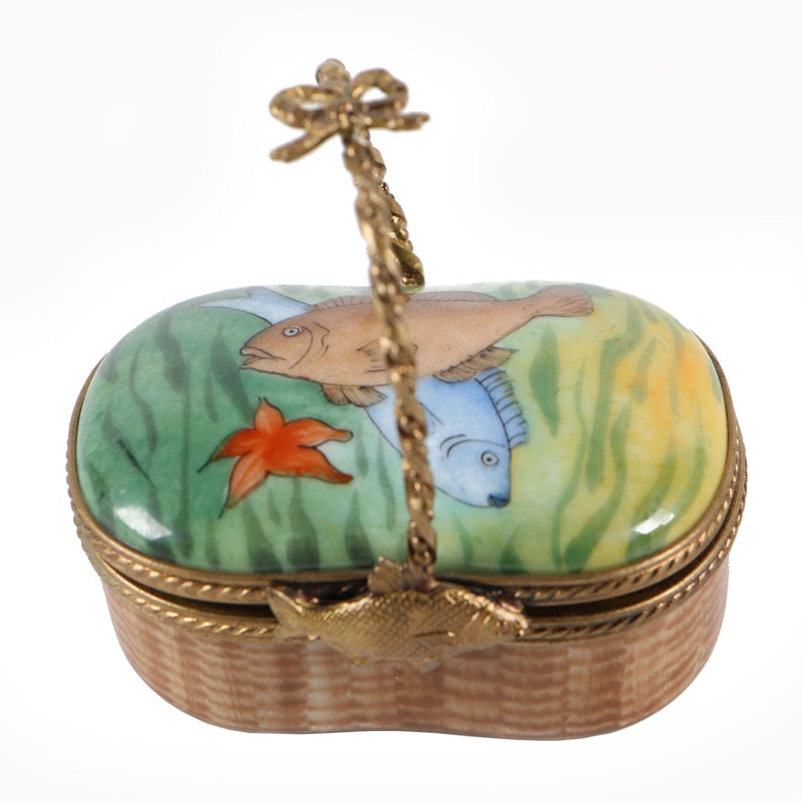 Limoges "Fish Basket" Hand-Painted Porcelain Trinket Box