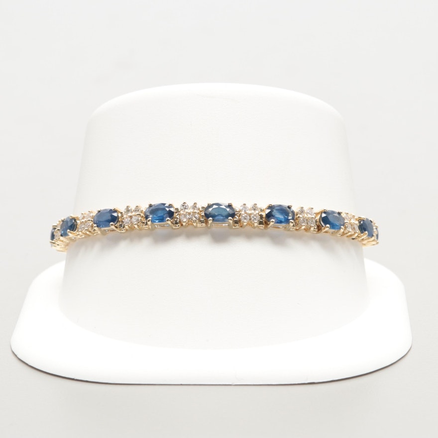 14K Yellow Gold Blue Sapphire and 1.26 CTW Diamond Bracelet