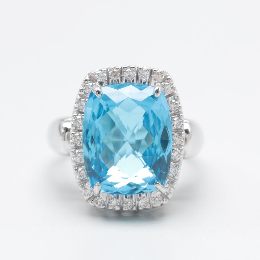 14K White Gold Blue Topaz and Diamond Ring