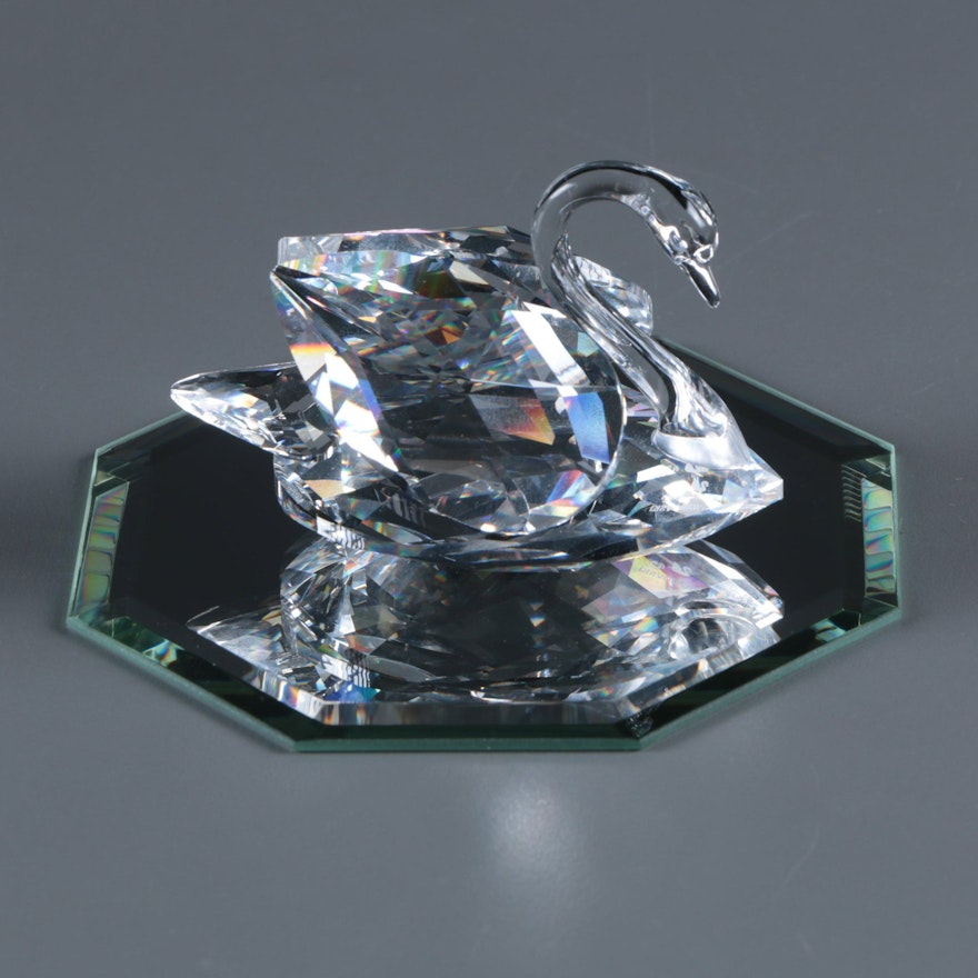 Swarovski Crystal Swan Figurine on Beveled Octagonal Display Mirror
