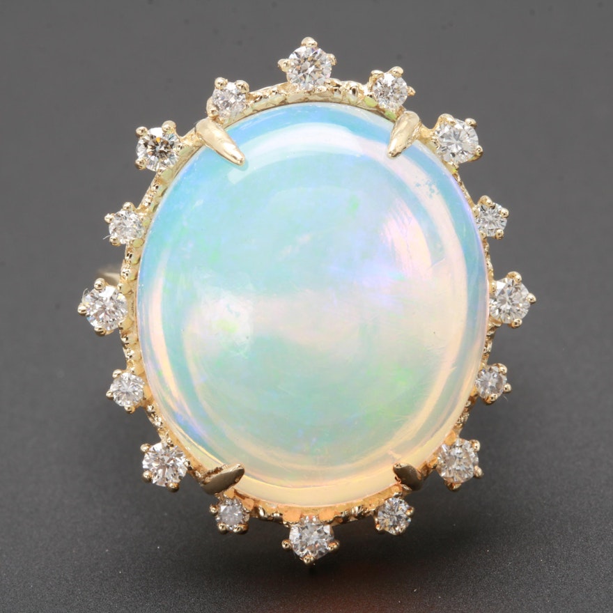 14K Yellow Gold 16.78 CT Opal and Diamond Ring