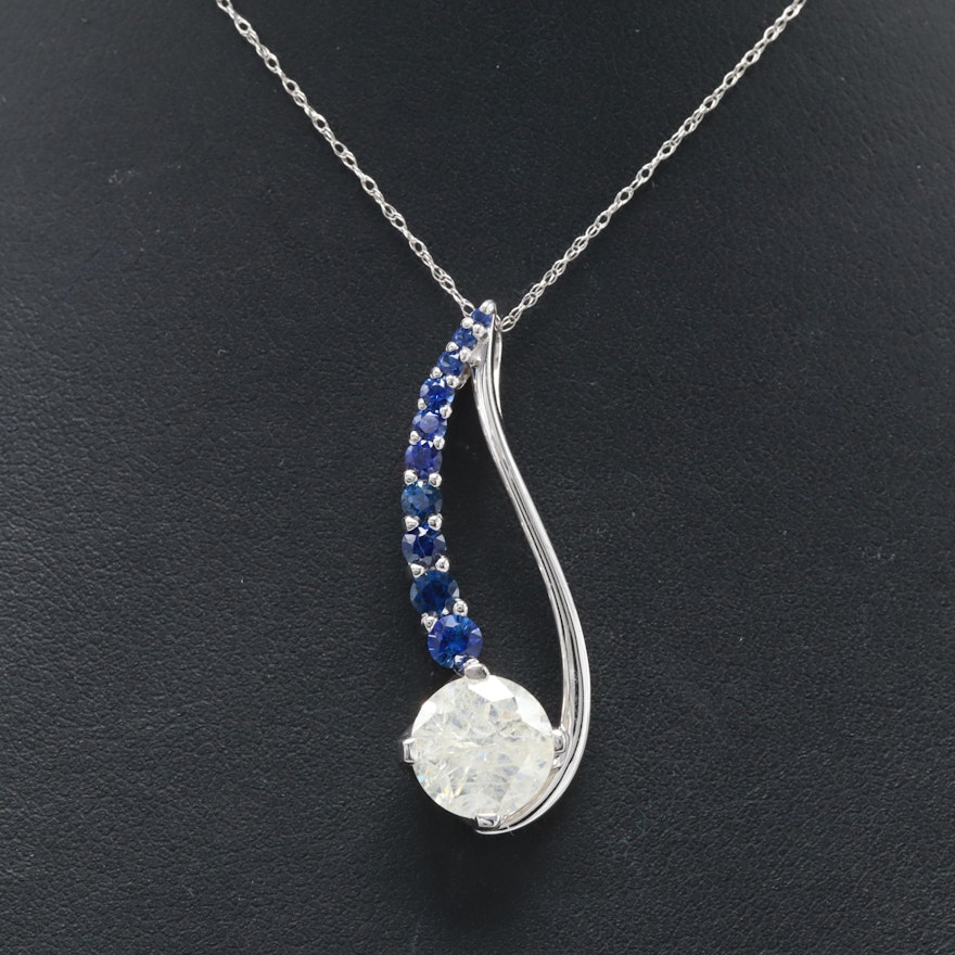 14K White Gold 2.27 CT Diamond and Blue Sapphire Necklace