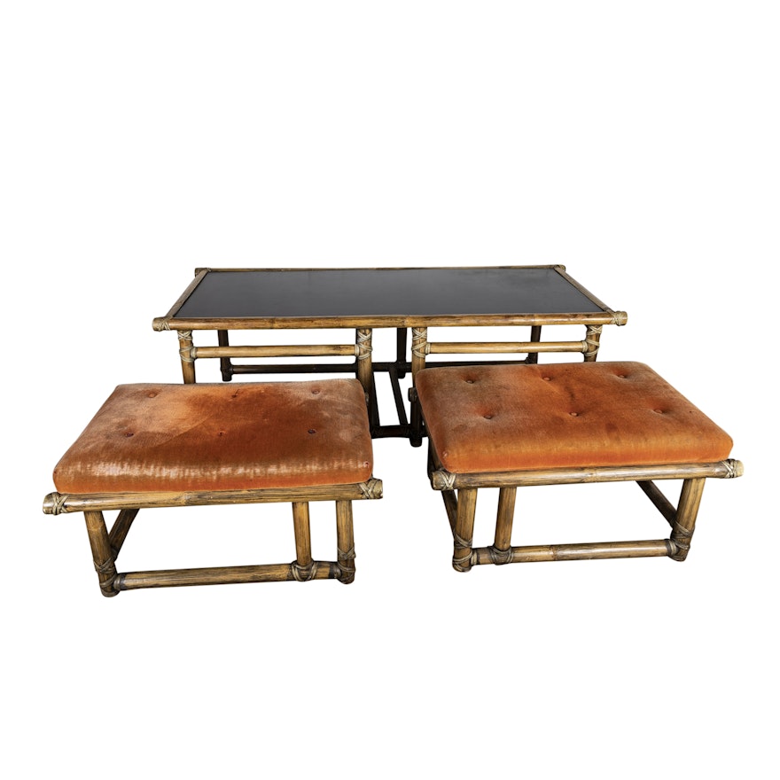 Rattan Coffee Table and Upholstered Benches by McGuire, Mid 20th Century