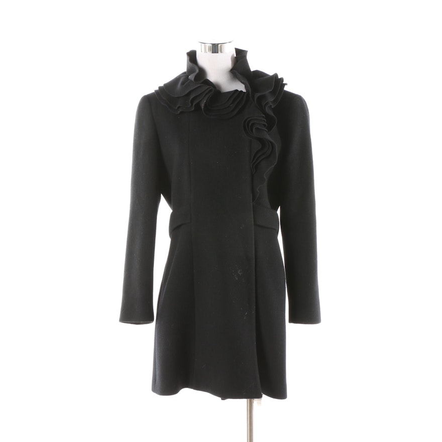 Elie Tahari Ruffle Collar Black Wool Coat