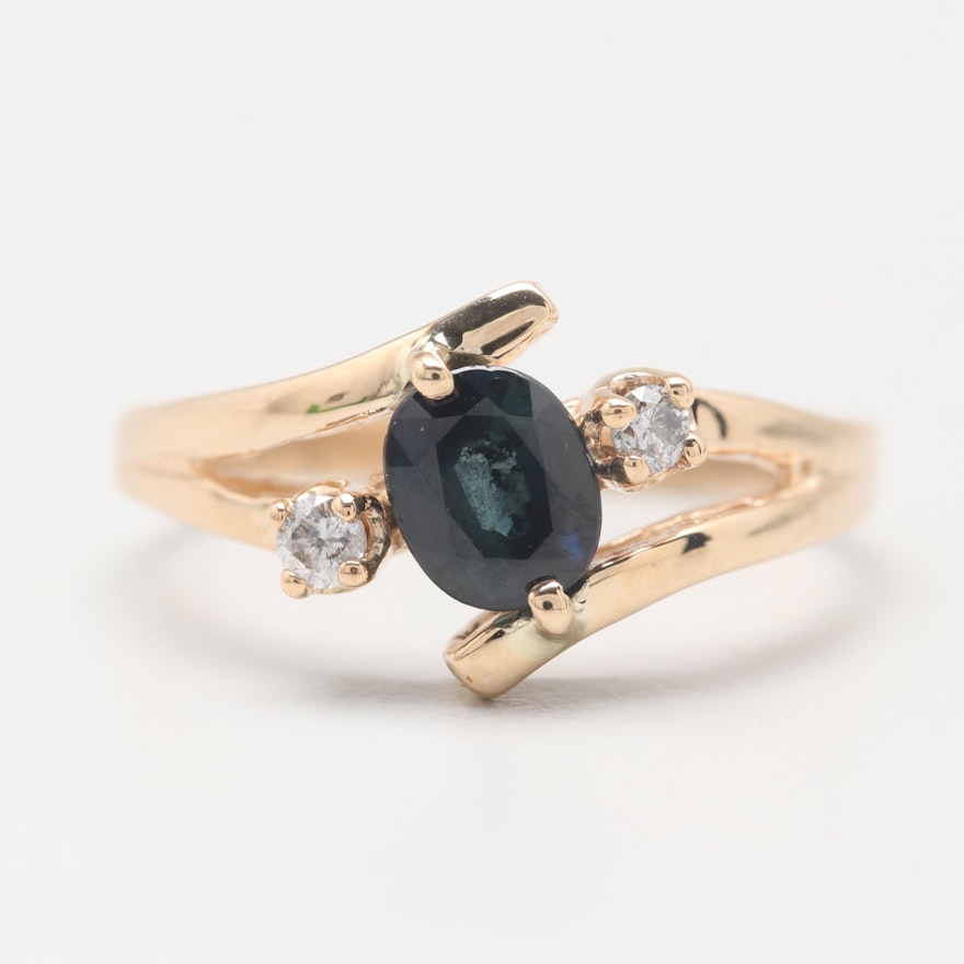 14K Yellow Gold Blue Sapphire and Diamond Ring