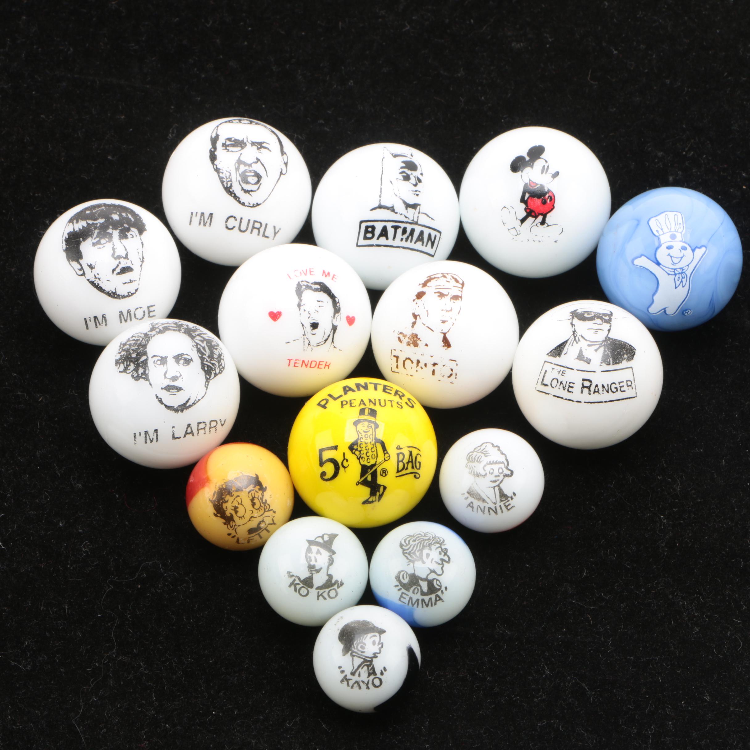 Vintage Glass Comic Marbles Including "Kayo" and "Annie" by The Peltier Glass Co