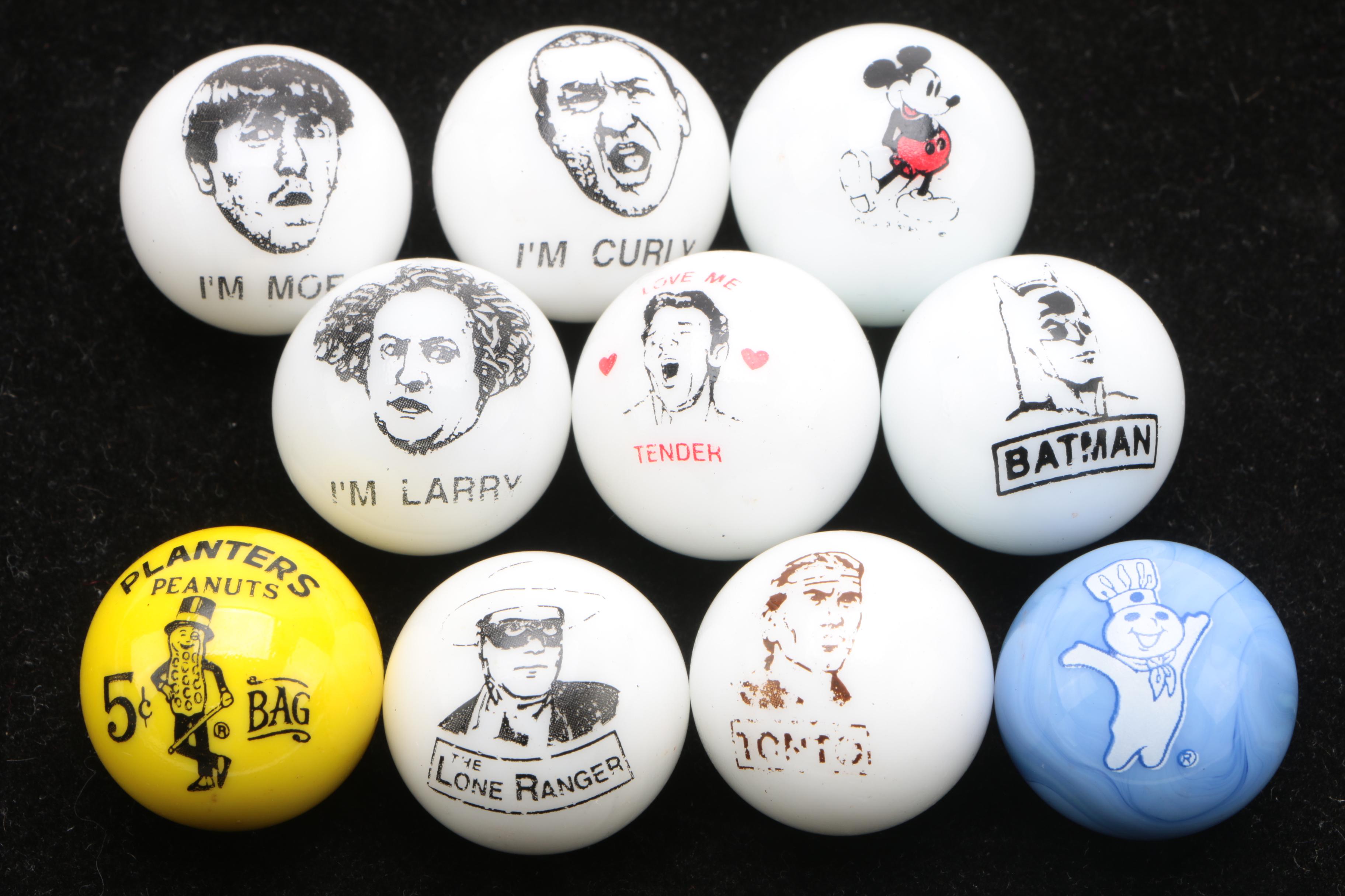 Vintage Glass Comic Marbles Including "Kayo" and "Annie" by The Peltier Glass Co