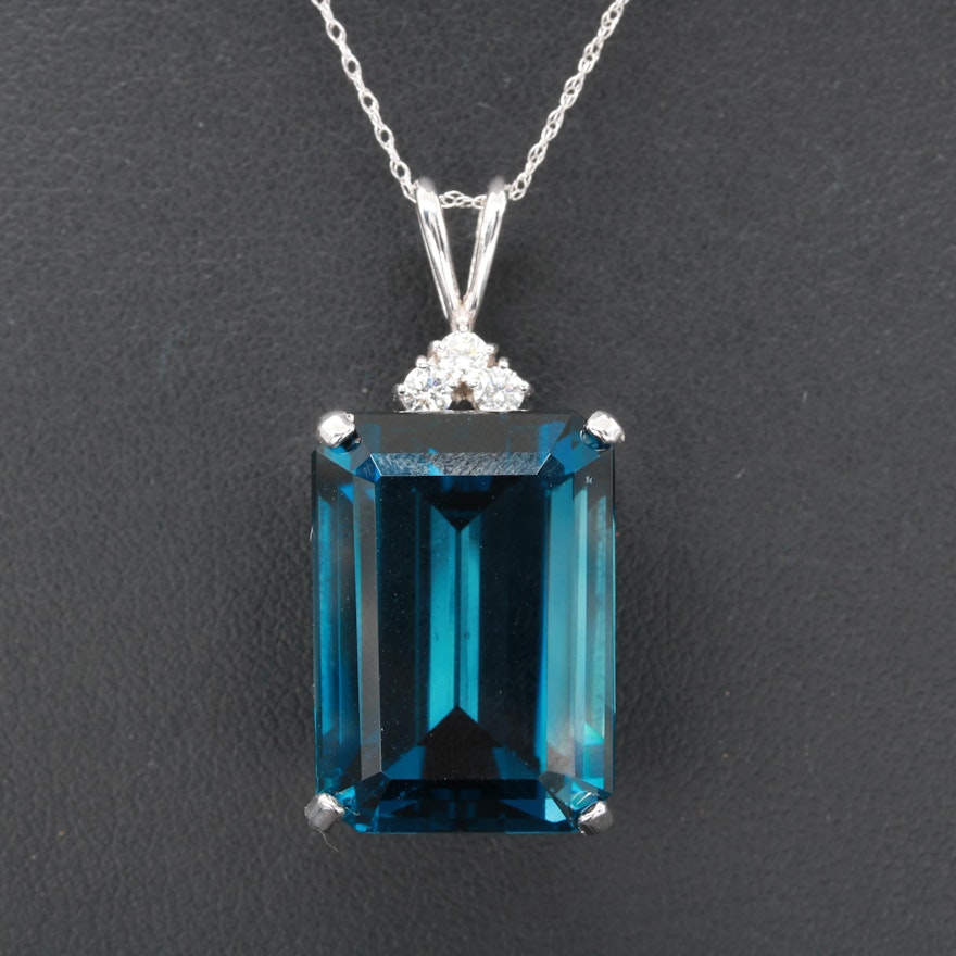 14K White Gold 33.71 CT Blue Topaz and Diamond Pendant Necklace