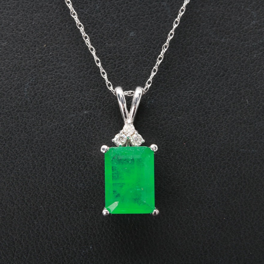 14K White Gold 1.53 CT Emerald and Diamond Pendant Necklace