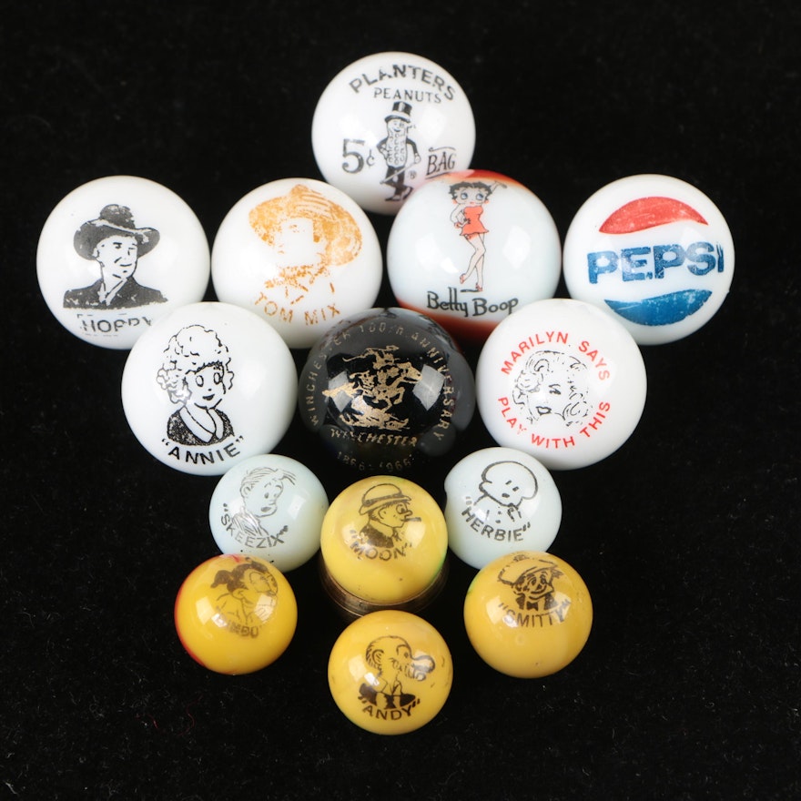 Vintage Comic Marbles Including "Moon" and "Andy" by Peltier Glass Co.