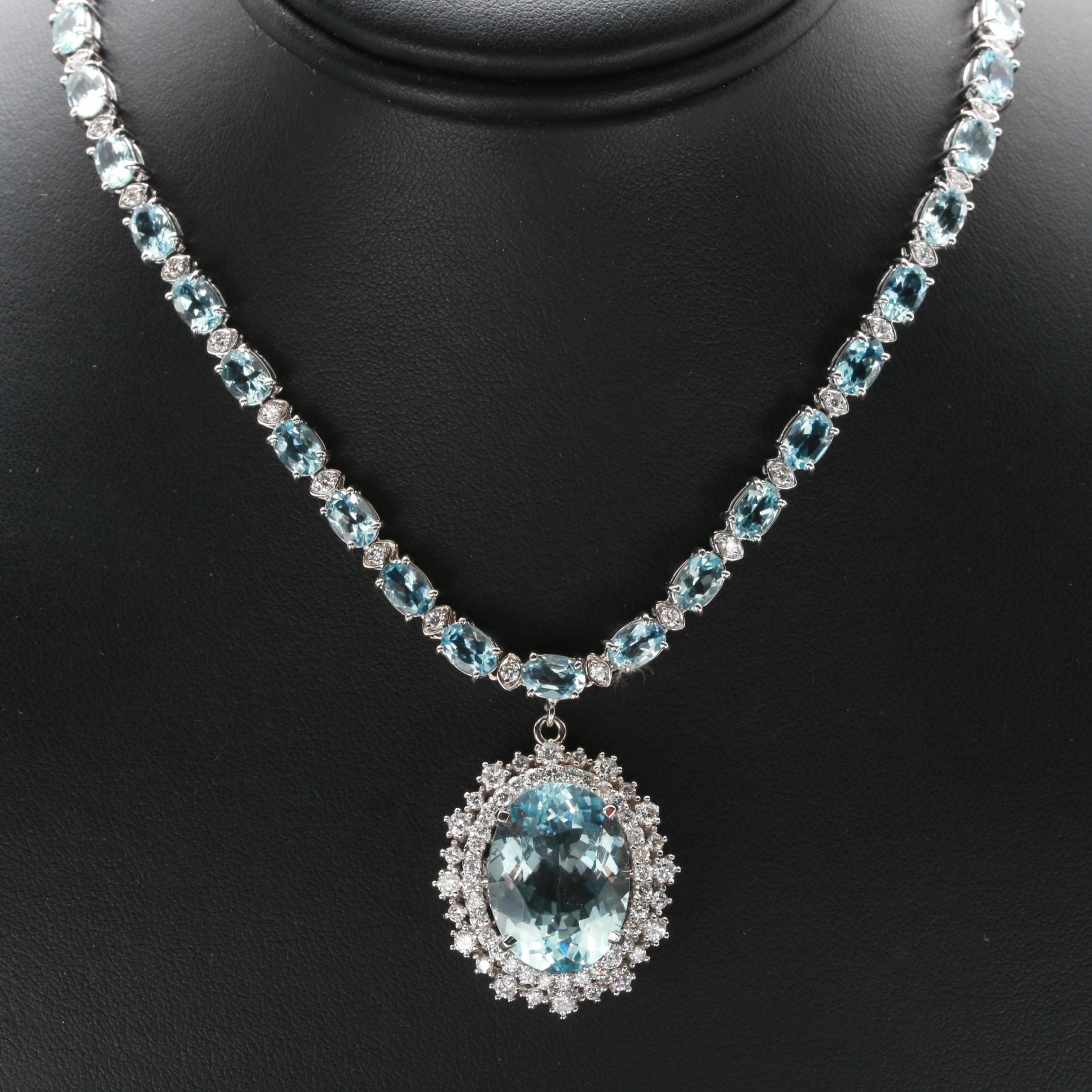14K White Gold 9.79 CT Aquamarine and 2.48 CTW Diamond Necklace