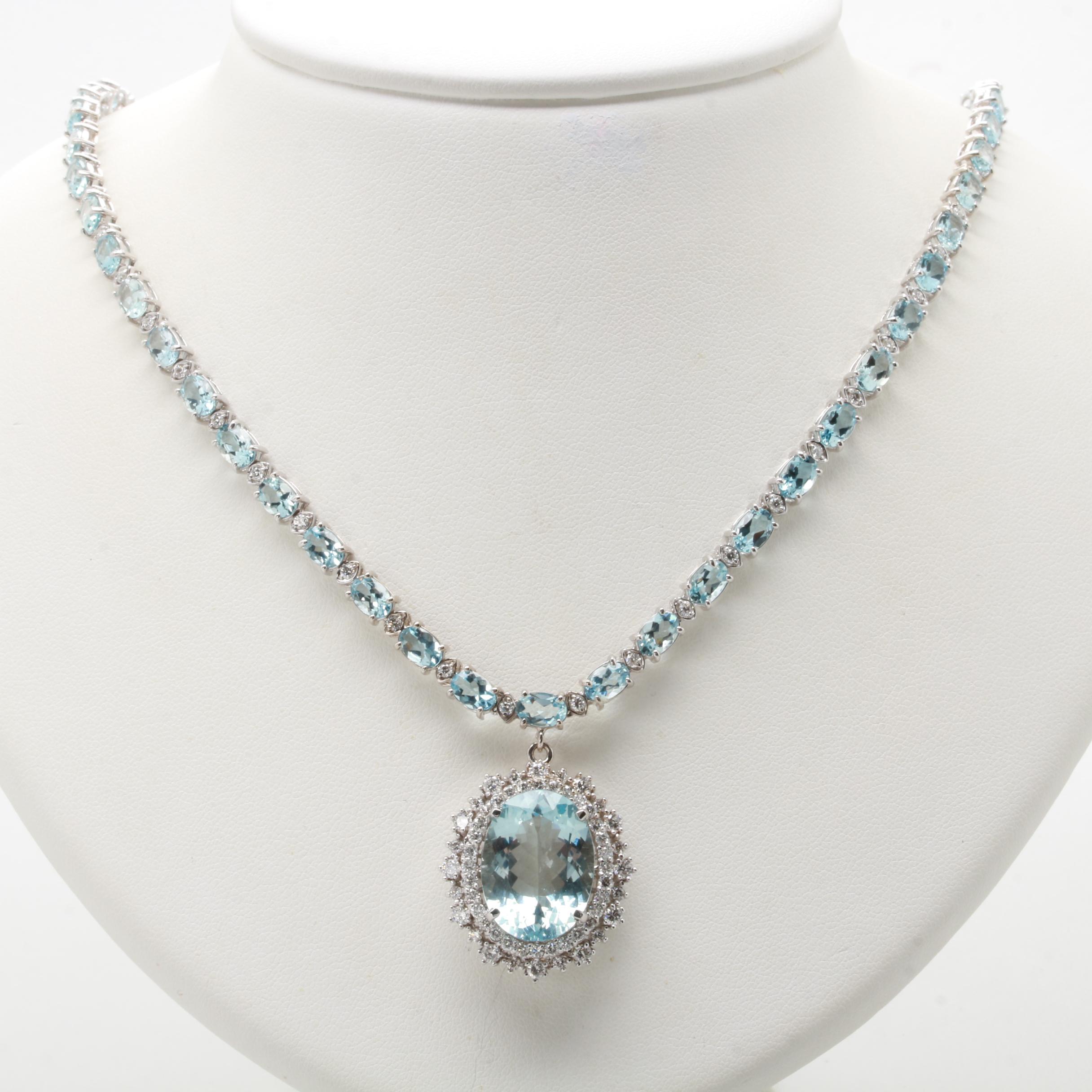 14K White Gold 9.79 CT Aquamarine and 2.48 CTW Diamond Necklace