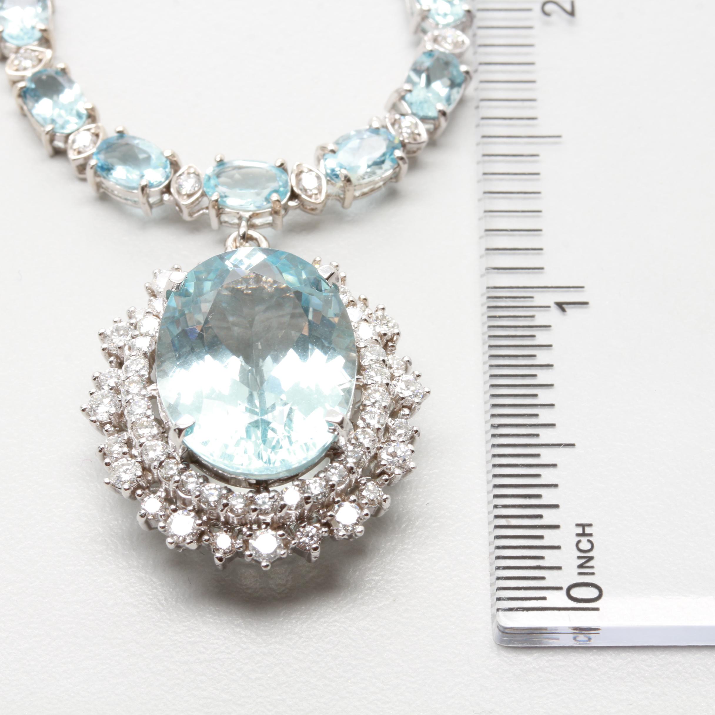 14K White Gold 9.79 CT Aquamarine and 2.48 CTW Diamond Necklace