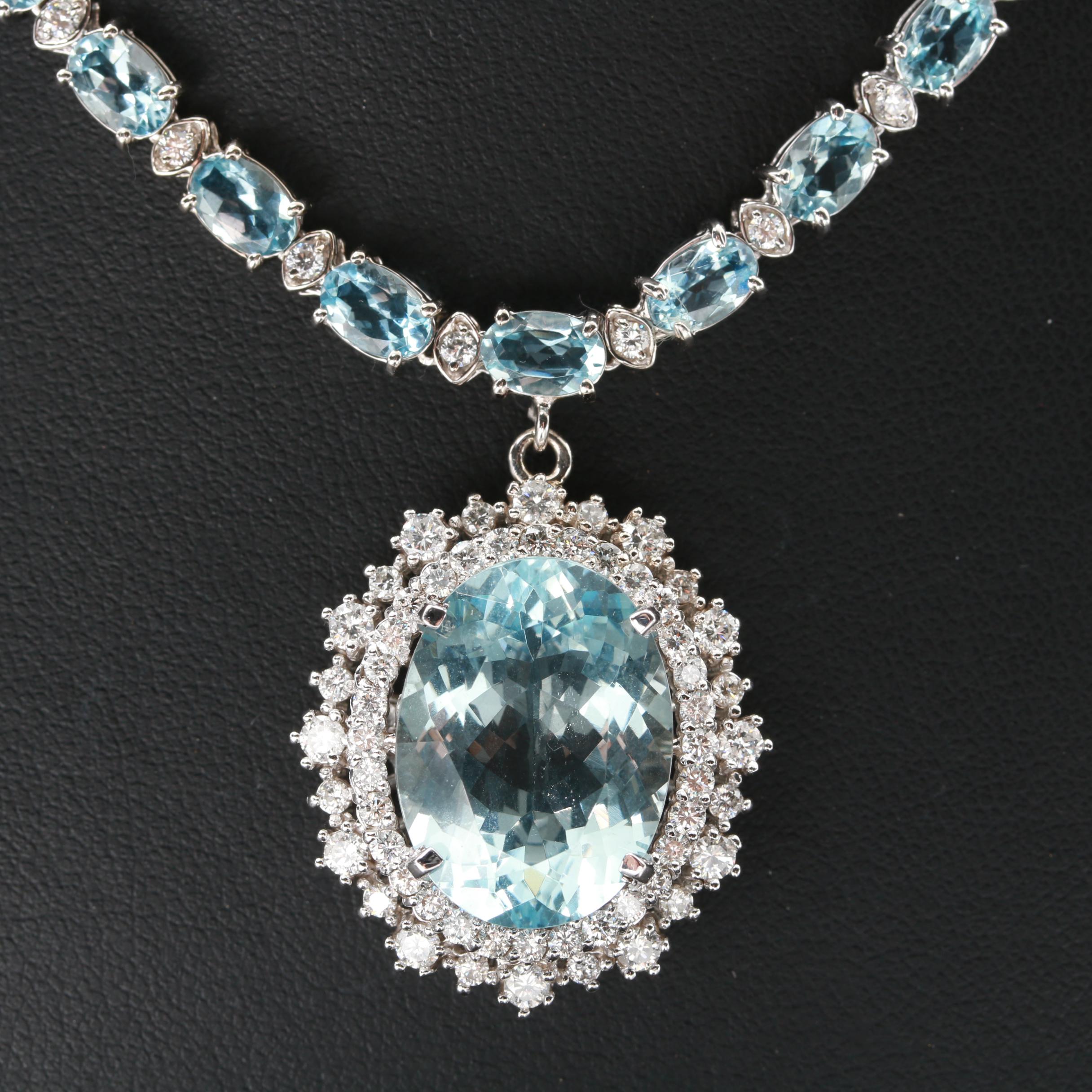 14K White Gold 9.79 CT Aquamarine and 2.48 CTW Diamond Necklace