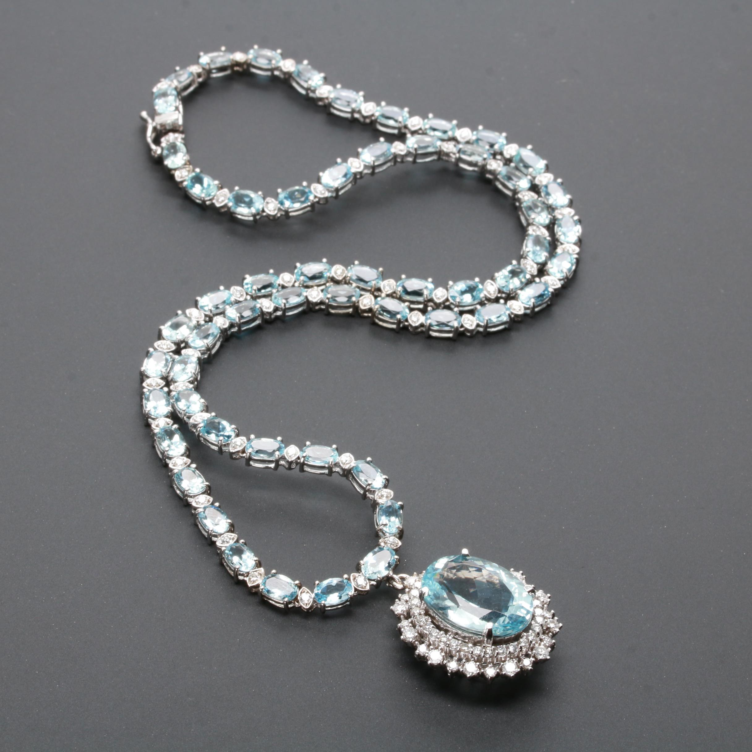14K White Gold 9.79 CT Aquamarine and 2.48 CTW Diamond Necklace