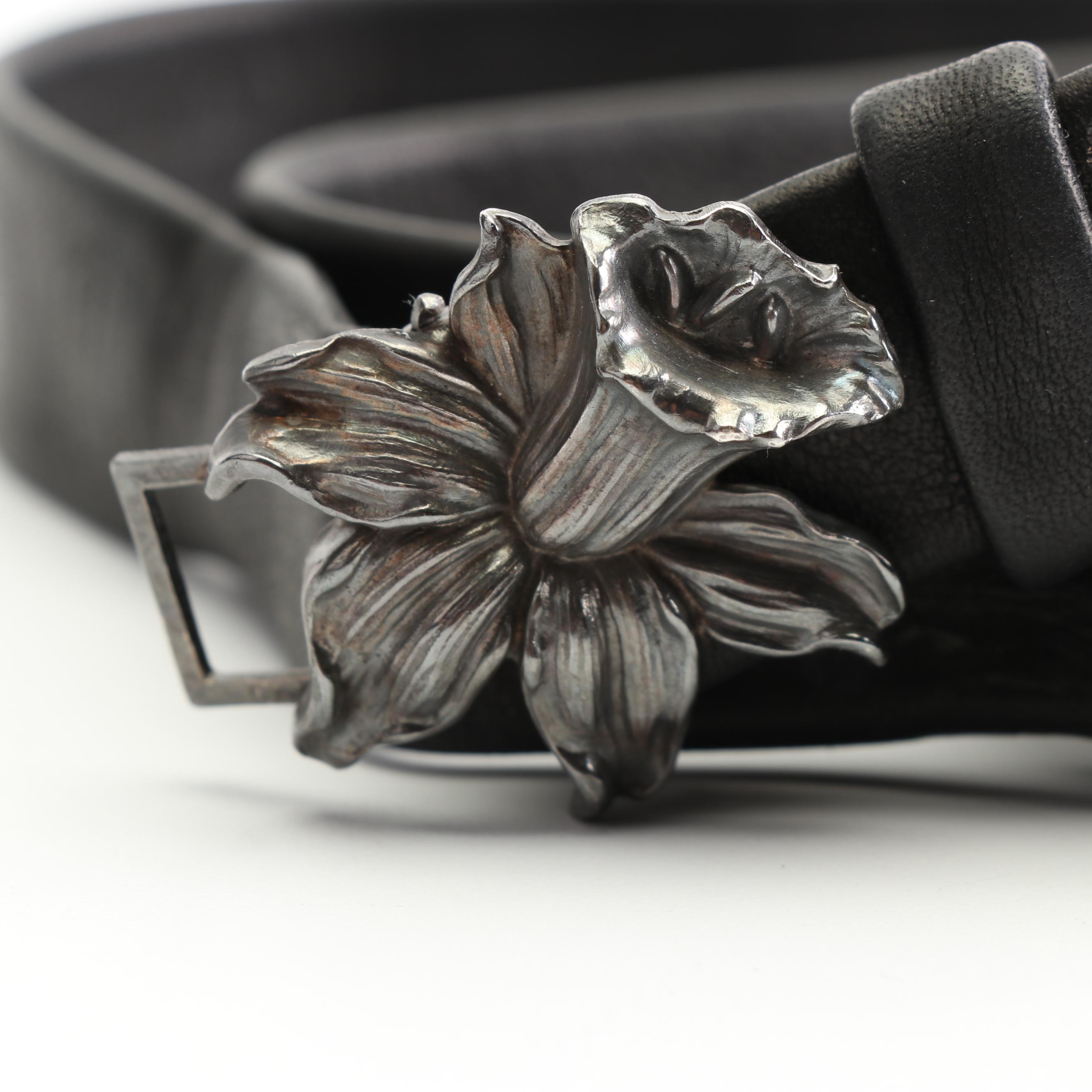 Women's Black Leather Belt with Sterling Silver Daffodil Buckle