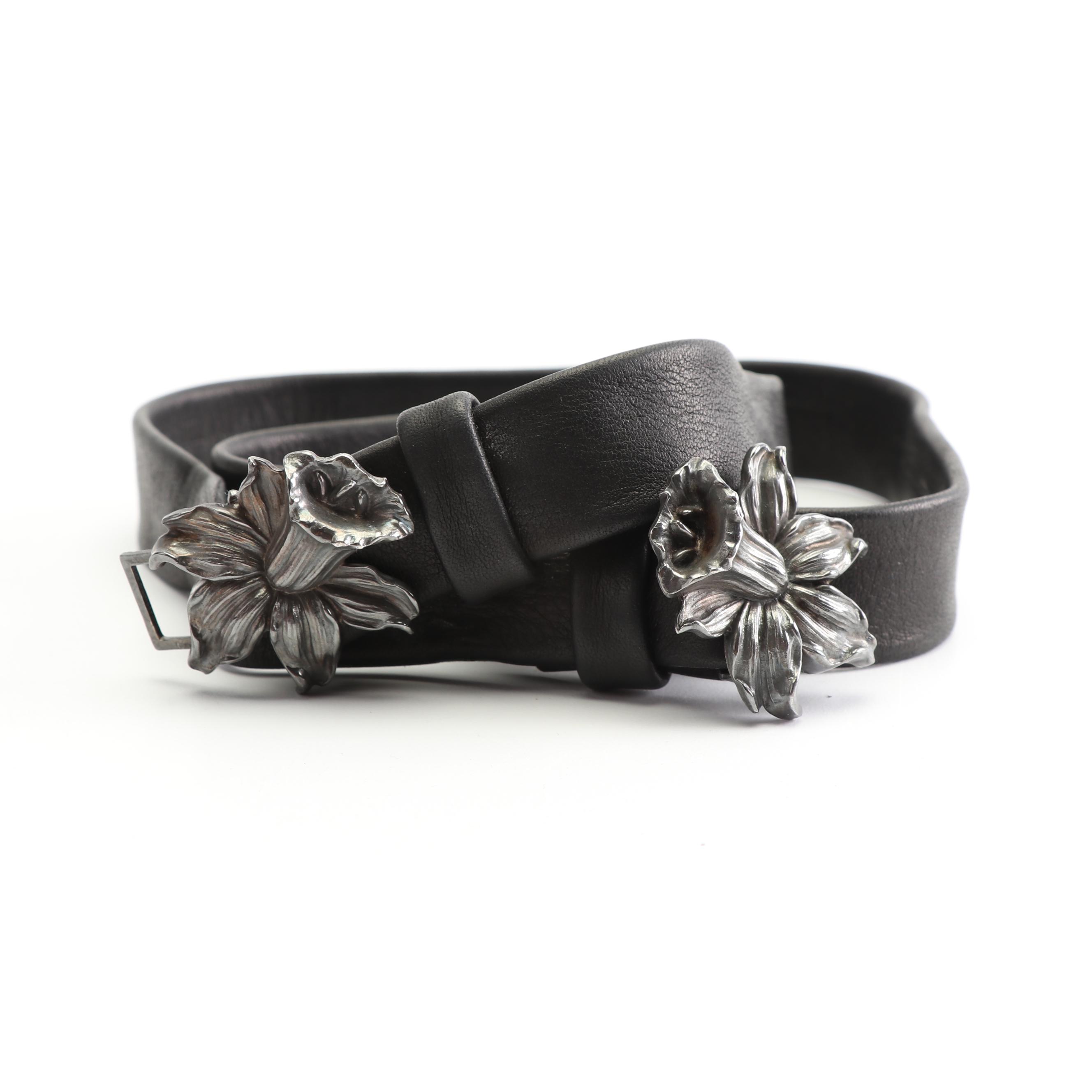 Women's Black Leather Belt with Sterling Silver Daffodil Buckle