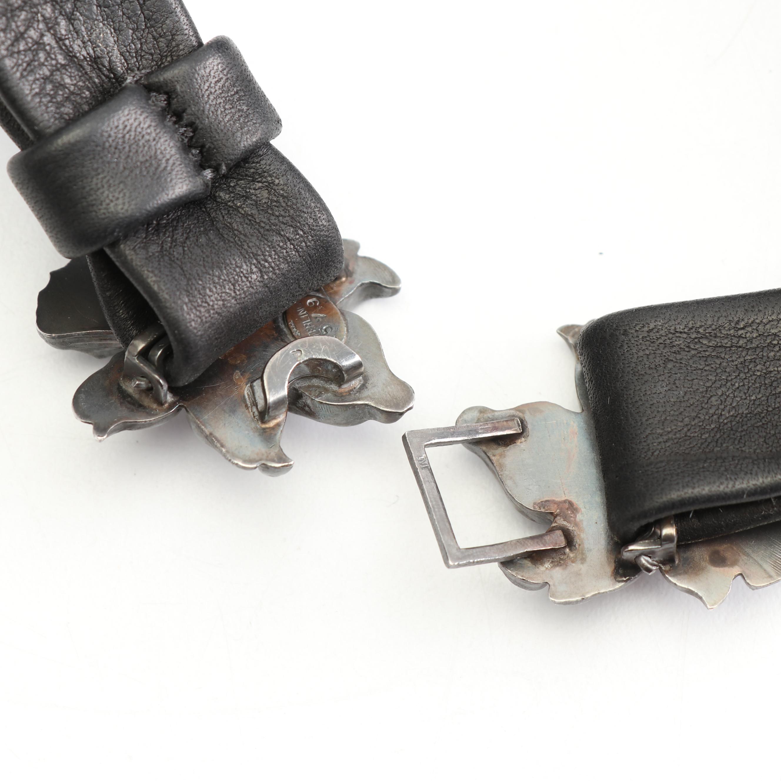 Women's Black Leather Belt with Sterling Silver Daffodil Buckle