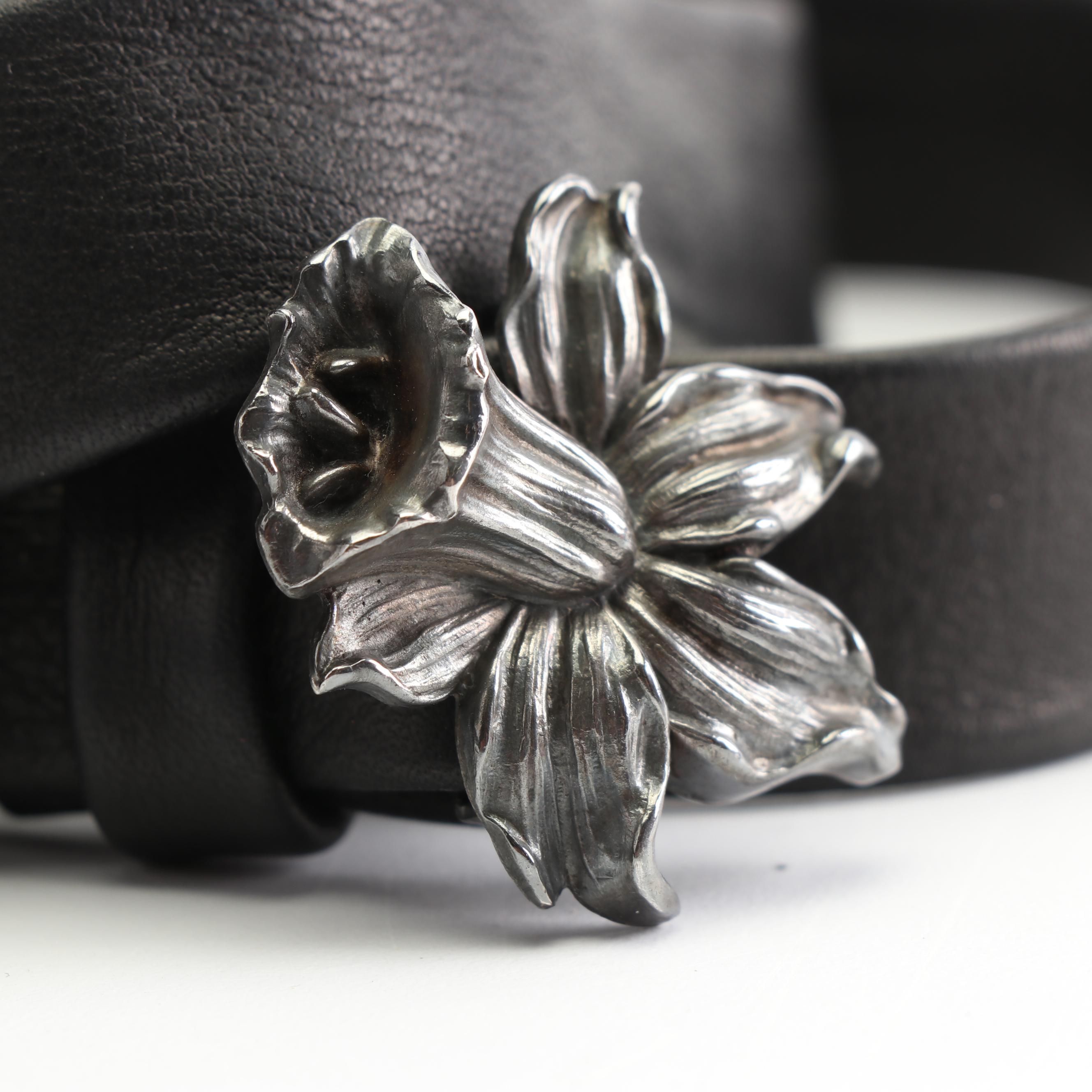 Women's Black Leather Belt with Sterling Silver Daffodil Buckle