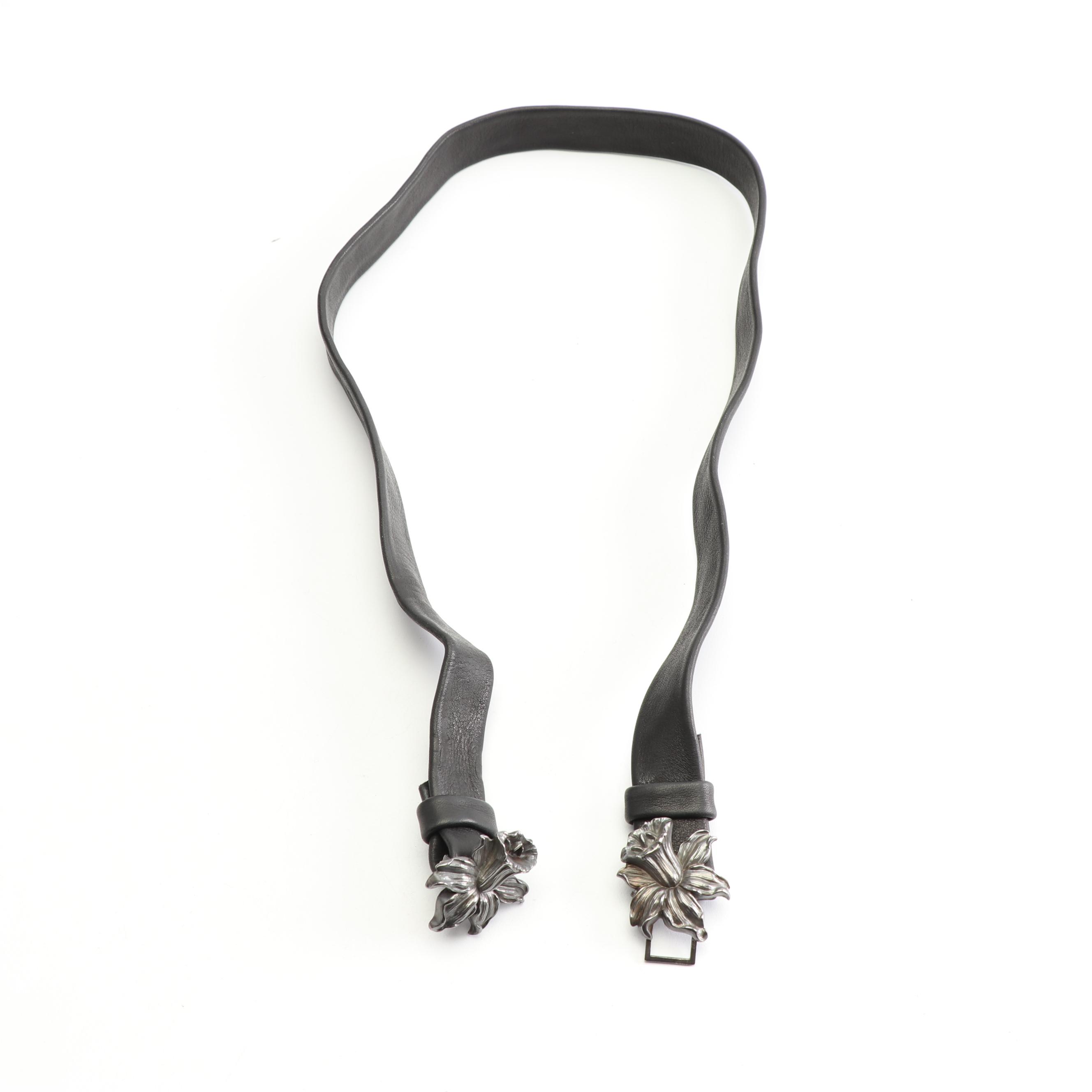 Women's Black Leather Belt with Sterling Silver Daffodil Buckle