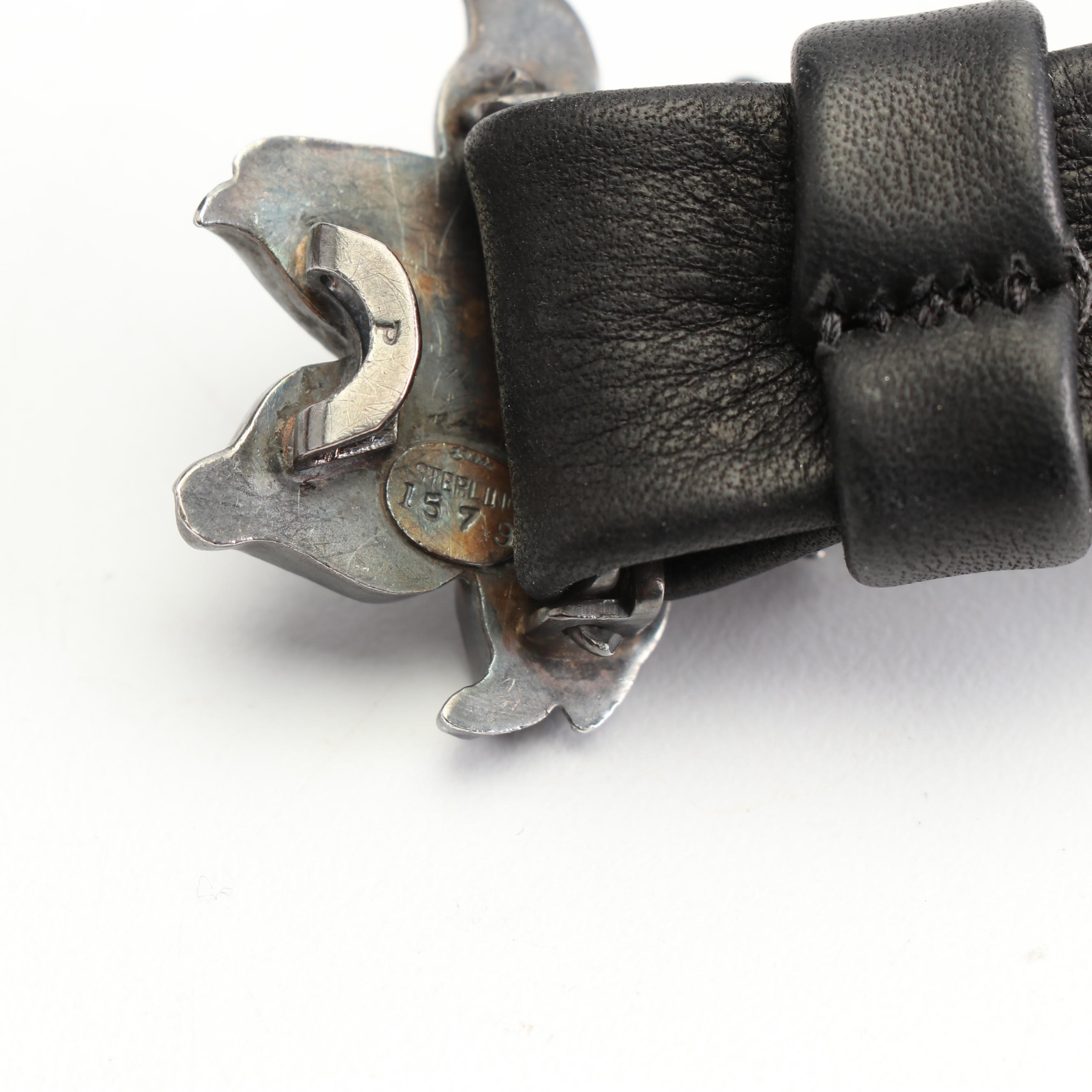 Women's Black Leather Belt with Sterling Silver Daffodil Buckle