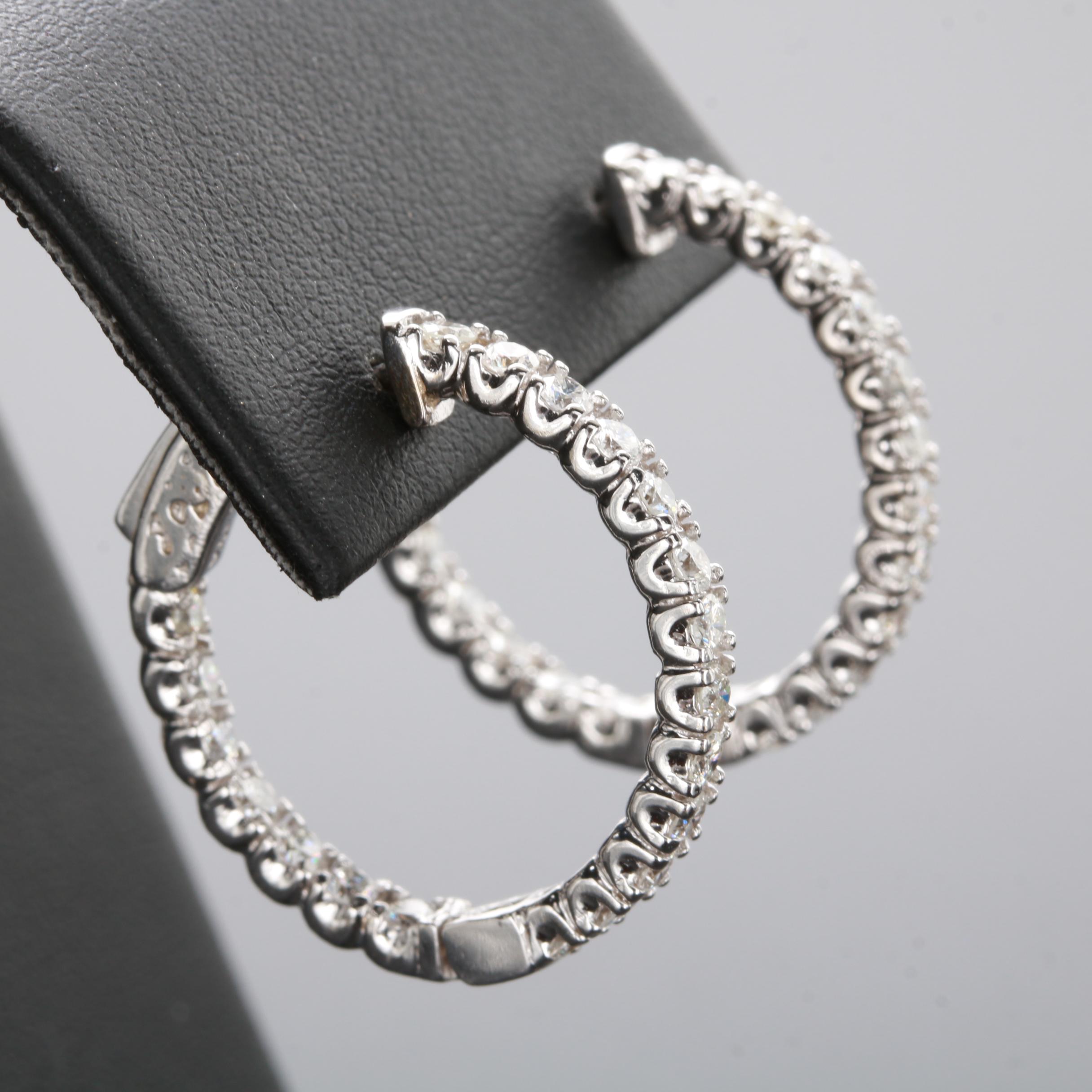 14K White Gold 1.50 CTW Diamond Inside Out Hoop Earrings