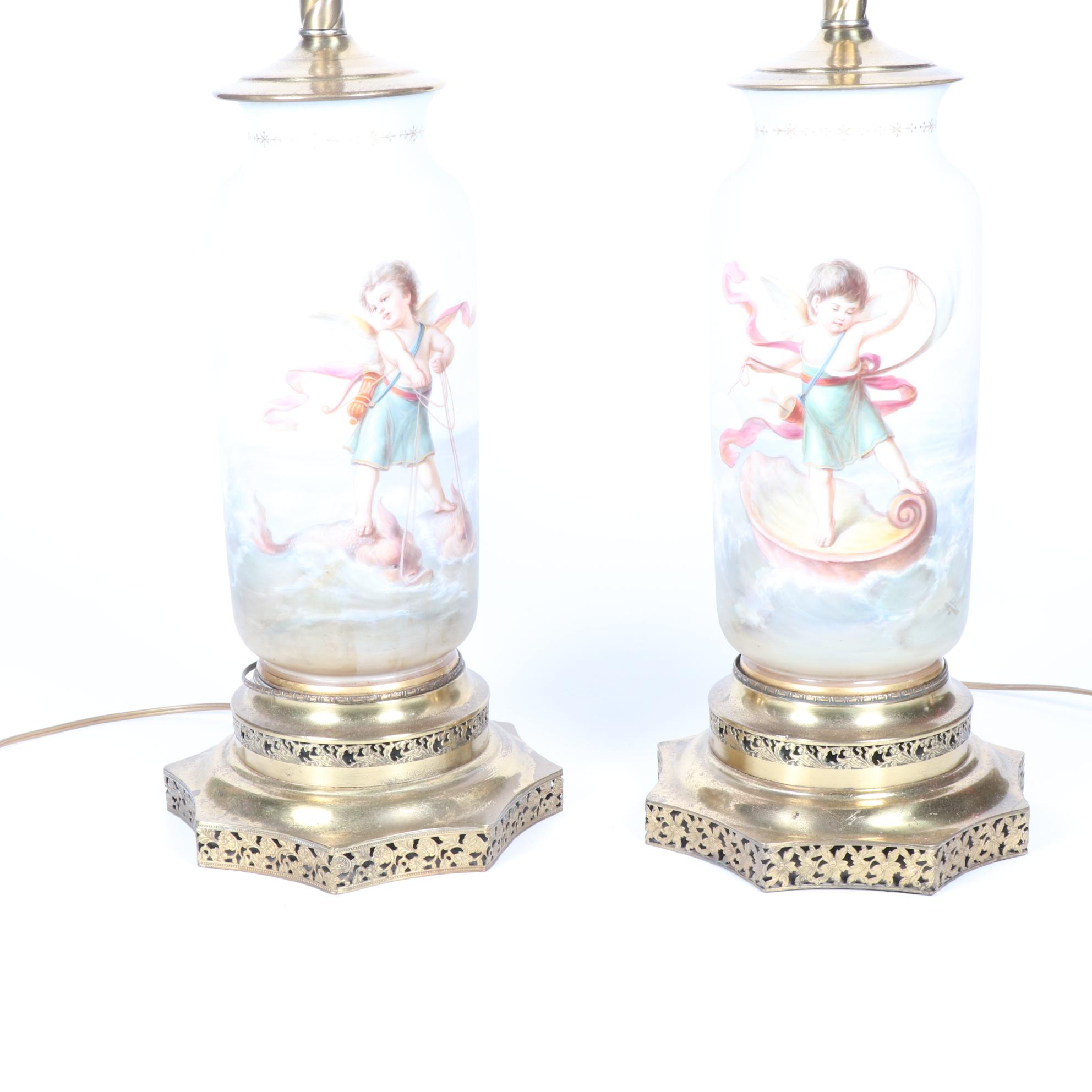 Hand-Painted Glass Table Lamps with Putti Portraits