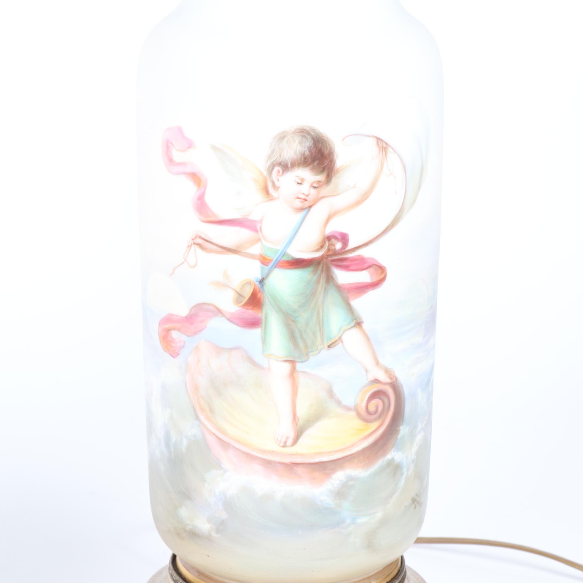 Hand-Painted Glass Table Lamps with Putti Portraits