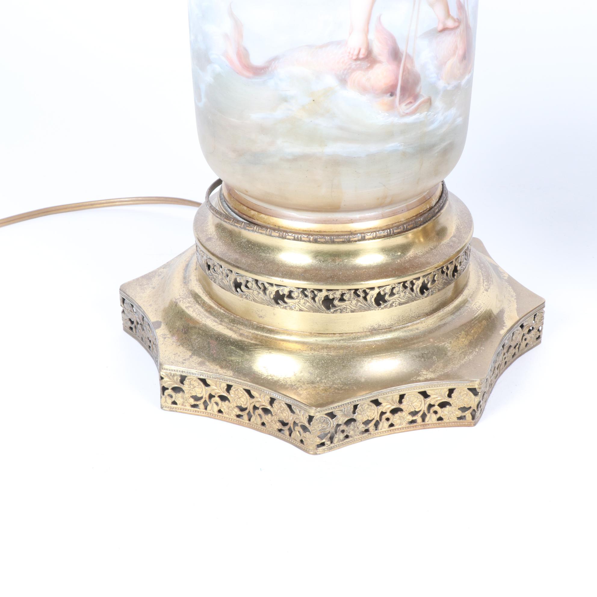 Hand-Painted Glass Table Lamps with Putti Portraits